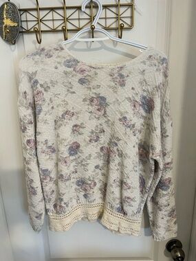 Floral Cream Knit Women's Sweater with Lace Hem